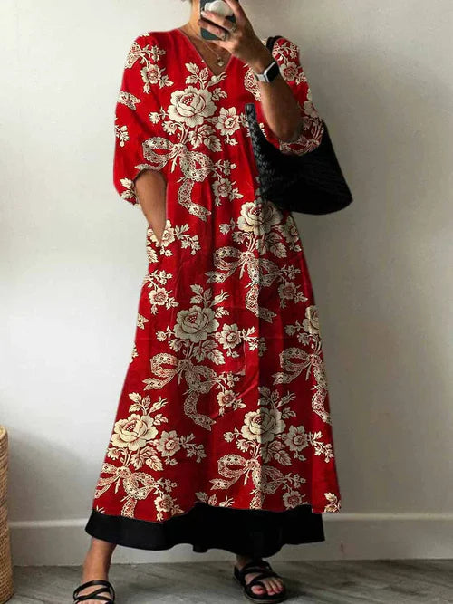 Faye™ | Red Floral Long Sleeve Maxi Dress