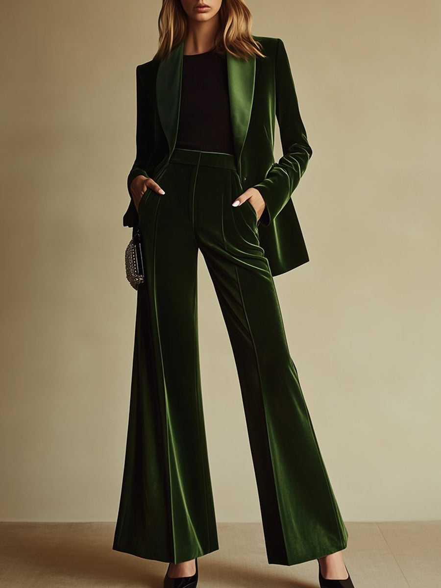 Sondra™ | Emerald Velvet Blazer & Wide-Leg Trouser Set