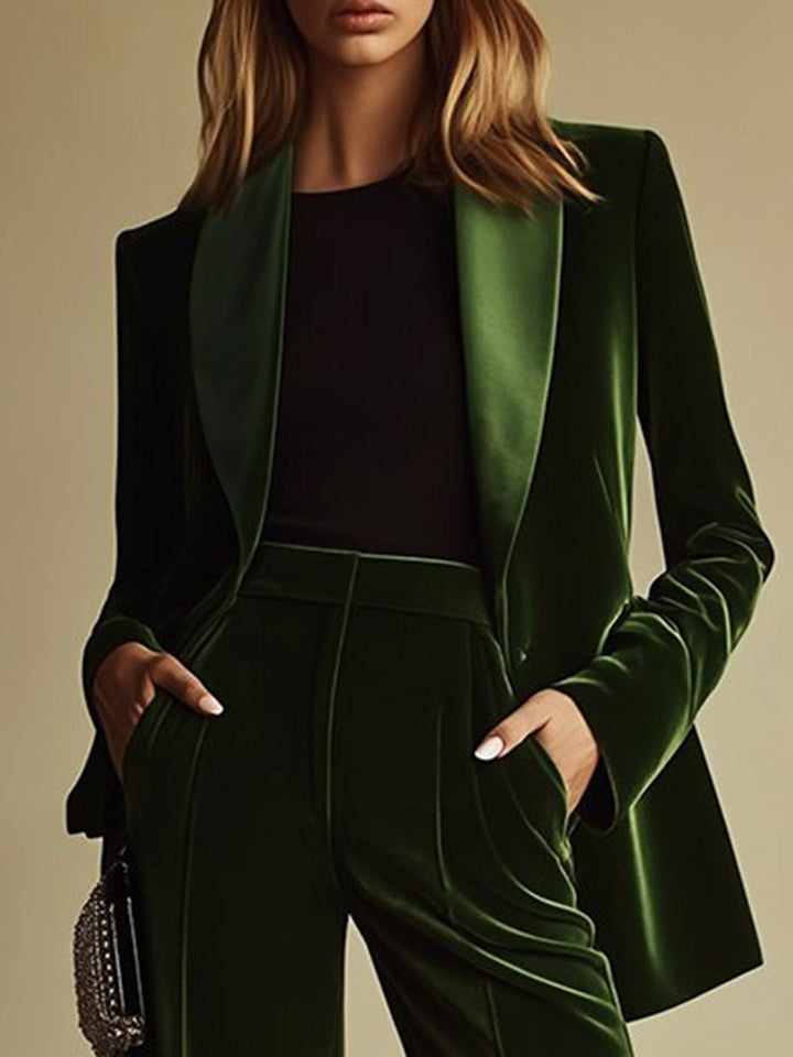 Sondra™ | Emerald Velvet Blazer & Wide-Leg Trouser Set