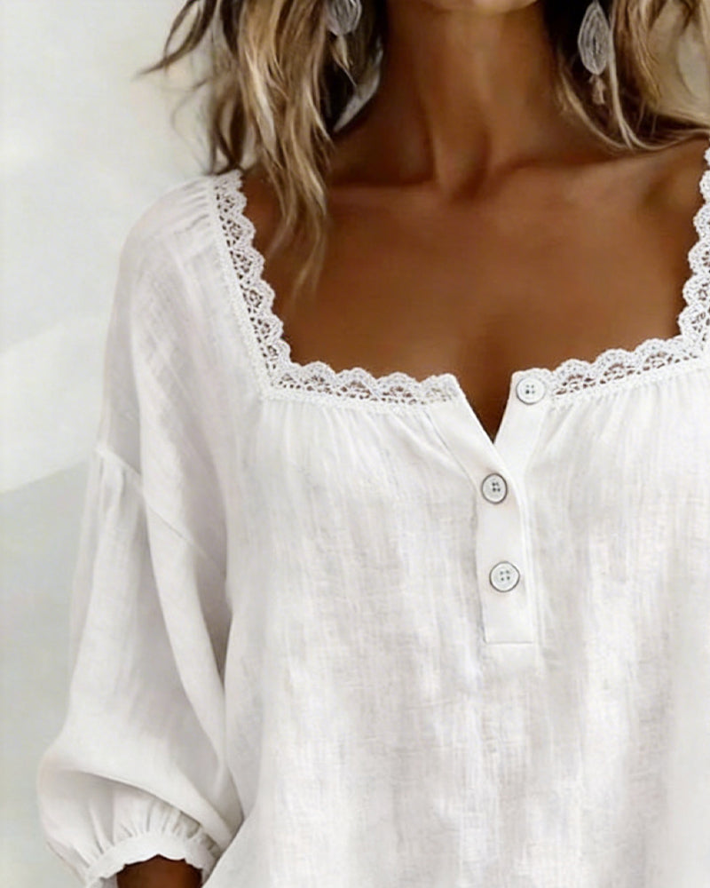 Kristine™ | Casual Lace Trim Cotton Blouse