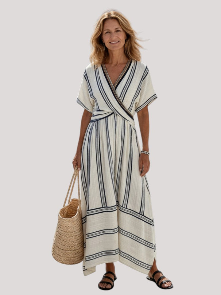 Thalassa | V Neck Short Sleeve Wrap Waist Midi Dress