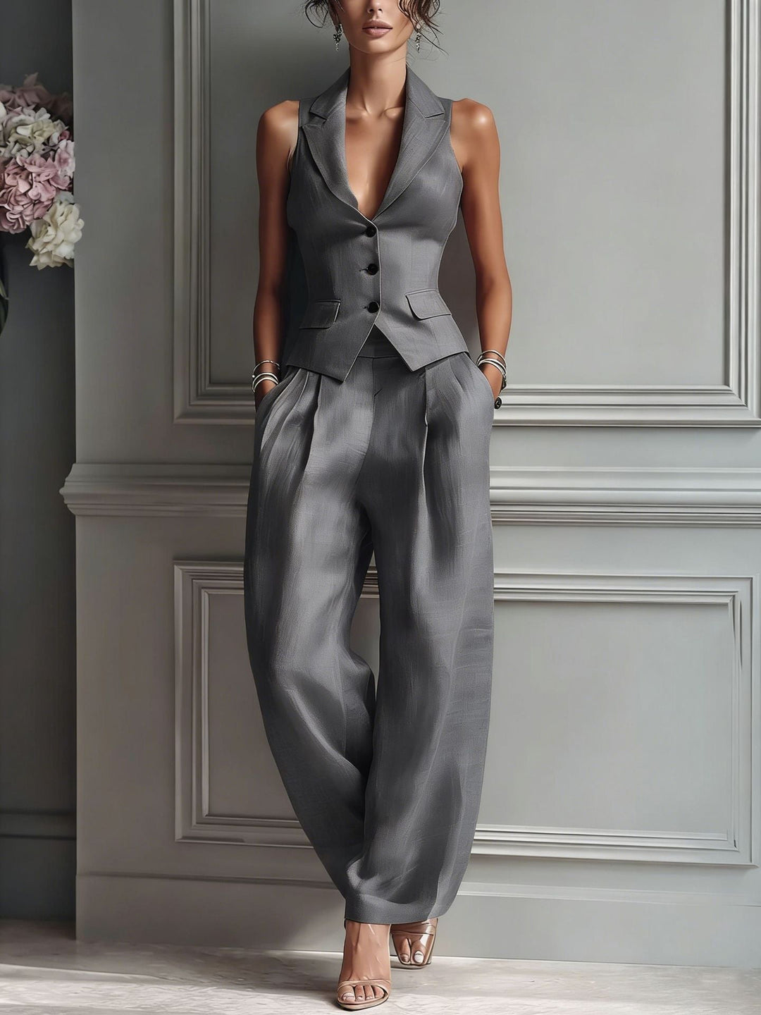 Melina™ | Two-piece V-neck button-up Set