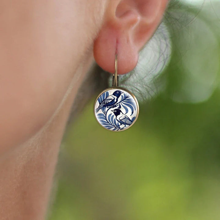 Vintage Blue Magpie Glass Dome Earrings
