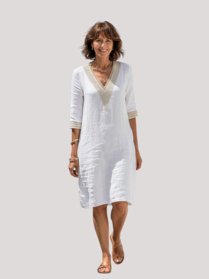 Elira | V Neck Three Quarter Sleeve Knee Length Dress