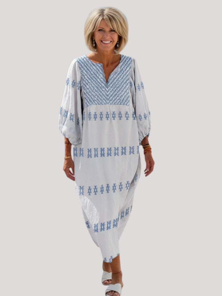 Evadne | V Neck Long Sleeve Embroidered Maxi Dress