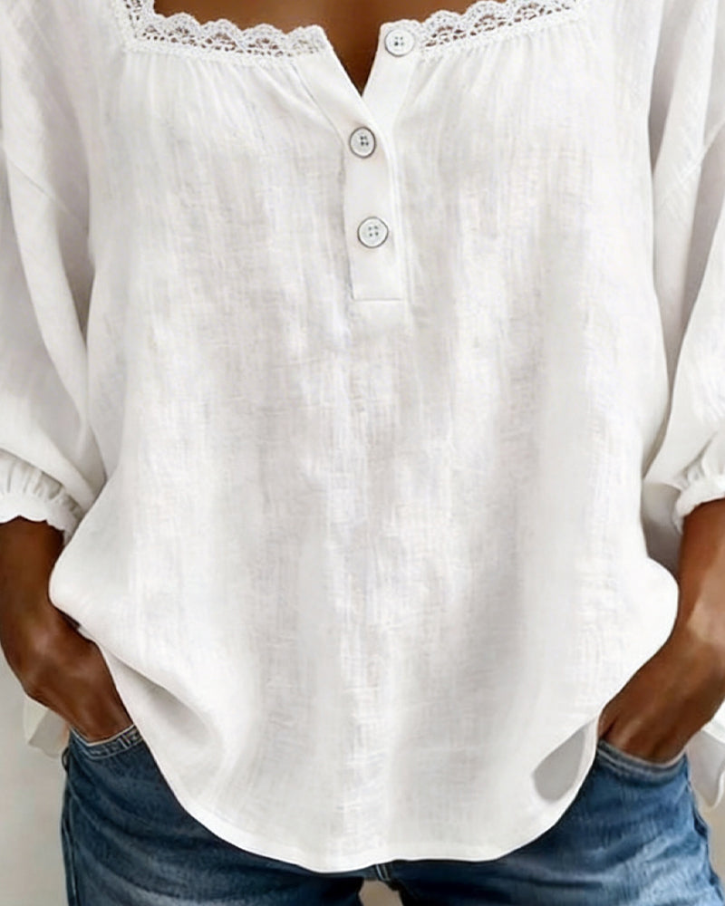 Kristine™ | Casual Lace Trim Cotton Blouse