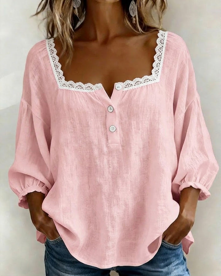 Kristine™ | Casual Lace Trim Cotton Blouse