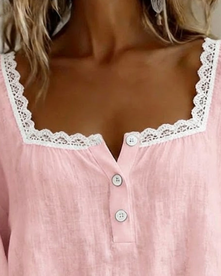 Kristine™ | Casual Lace Trim Cotton Blouse