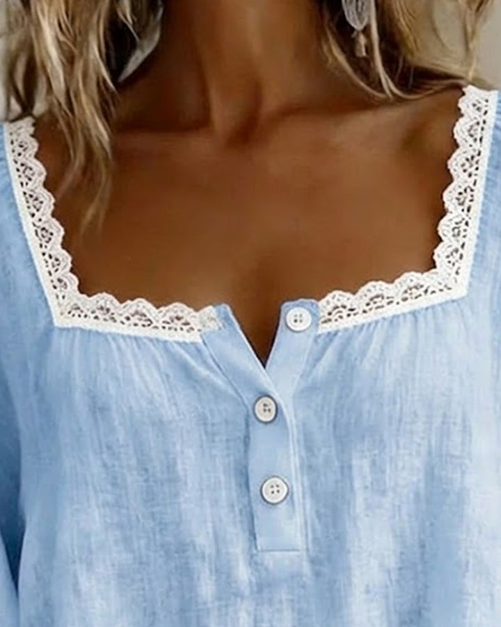 Kristine™ | Casual Lace Trim Cotton Blouse