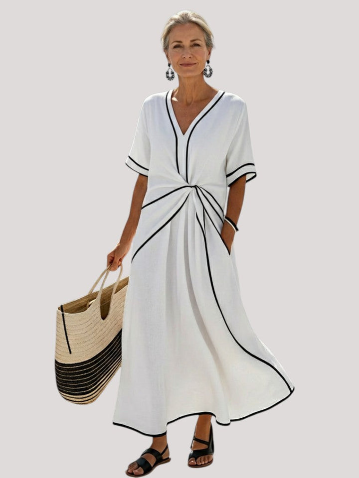 Linnea | V Neck Short Sleeve Gathered Waist Midi Dress