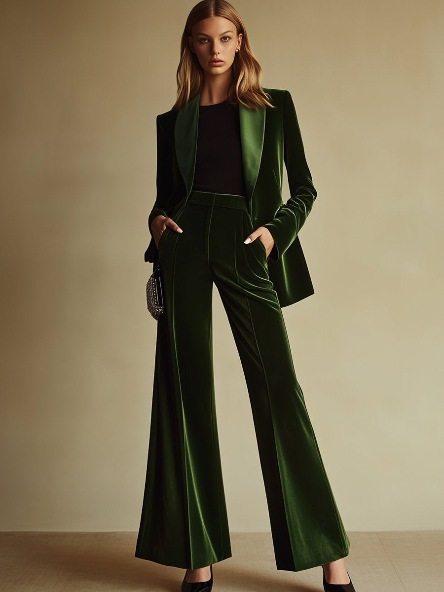 Sondra™ | Emerald Velvet Blazer & Wide-Leg Trouser Set
