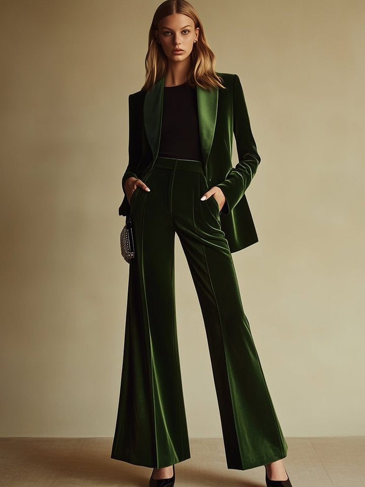Sondra™ | Emerald Velvet Blazer & Wide-Leg Trouser Set